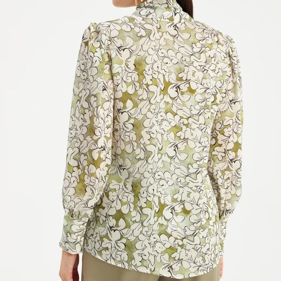 Tie Collar Patterned Blouse - GREEN - Picture 4 of 6